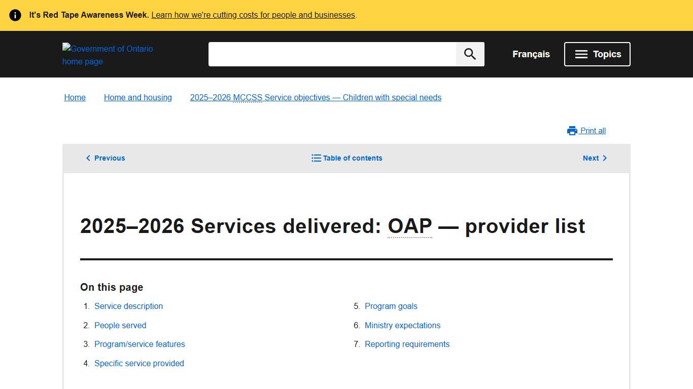 2025–2026 Services delivered: OAP — provider list 2025–2026 MCCSS Service objectives — Children with special needs ontario.ca